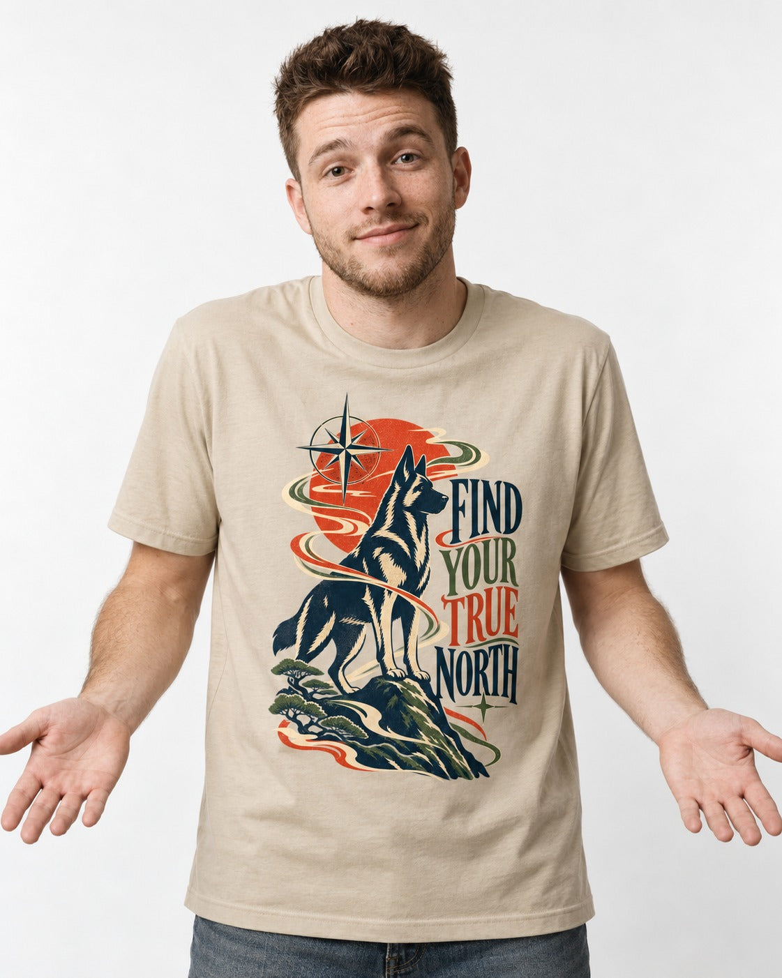 Find Your True North German Shepherd Dog T-Shirt in Sand, worn by a model