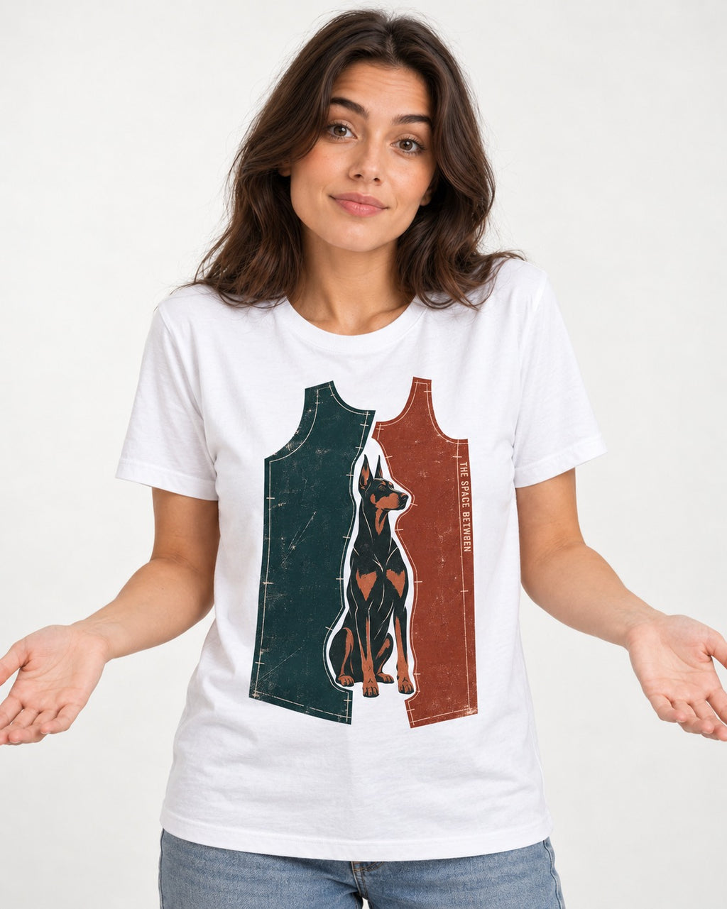 Doberman The Space Between Pattern Pieces Graphic T-Shirt in White, worn by a model