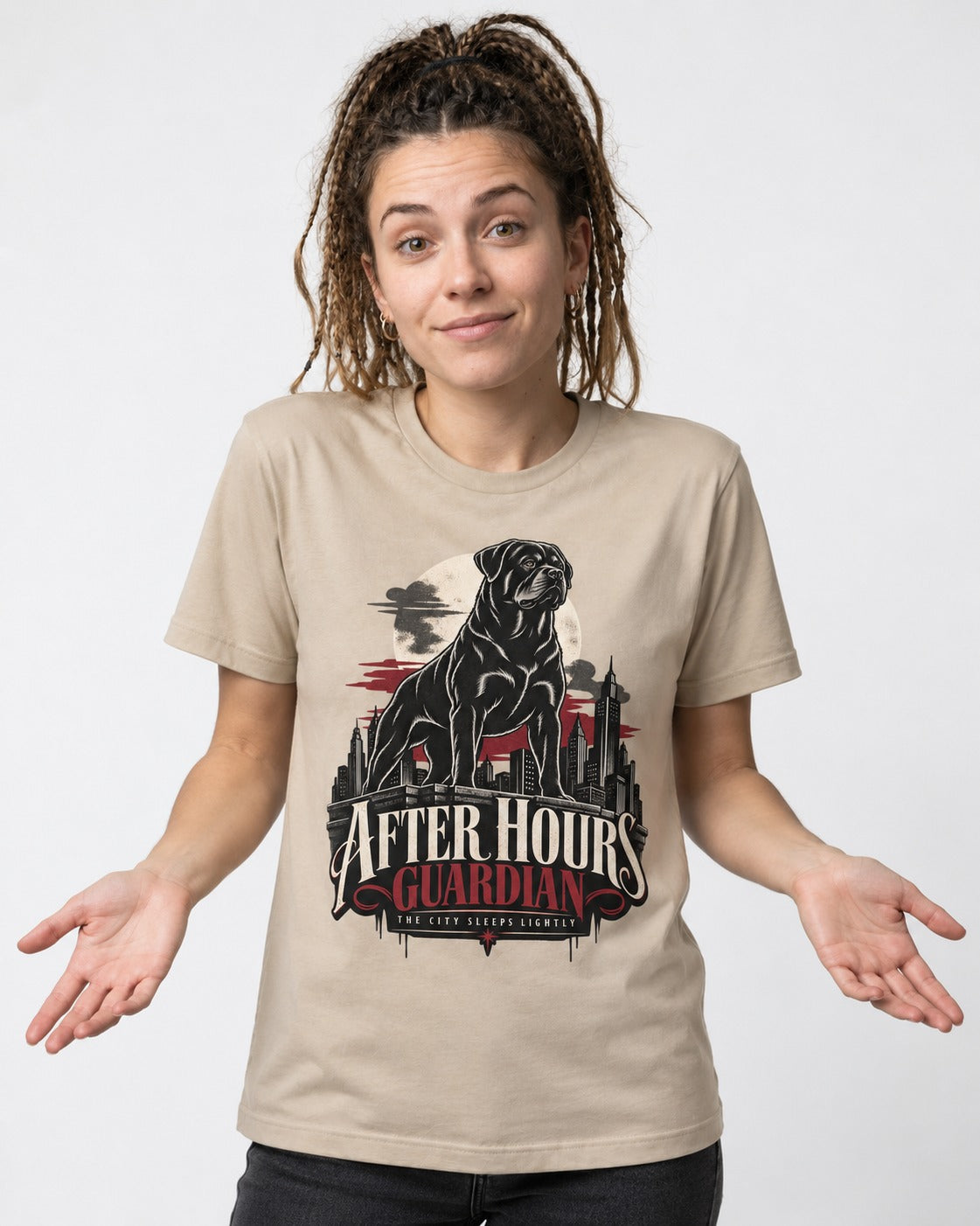 After Hours Rottweiler Guardian T-Shirt in Sand, worn by a model