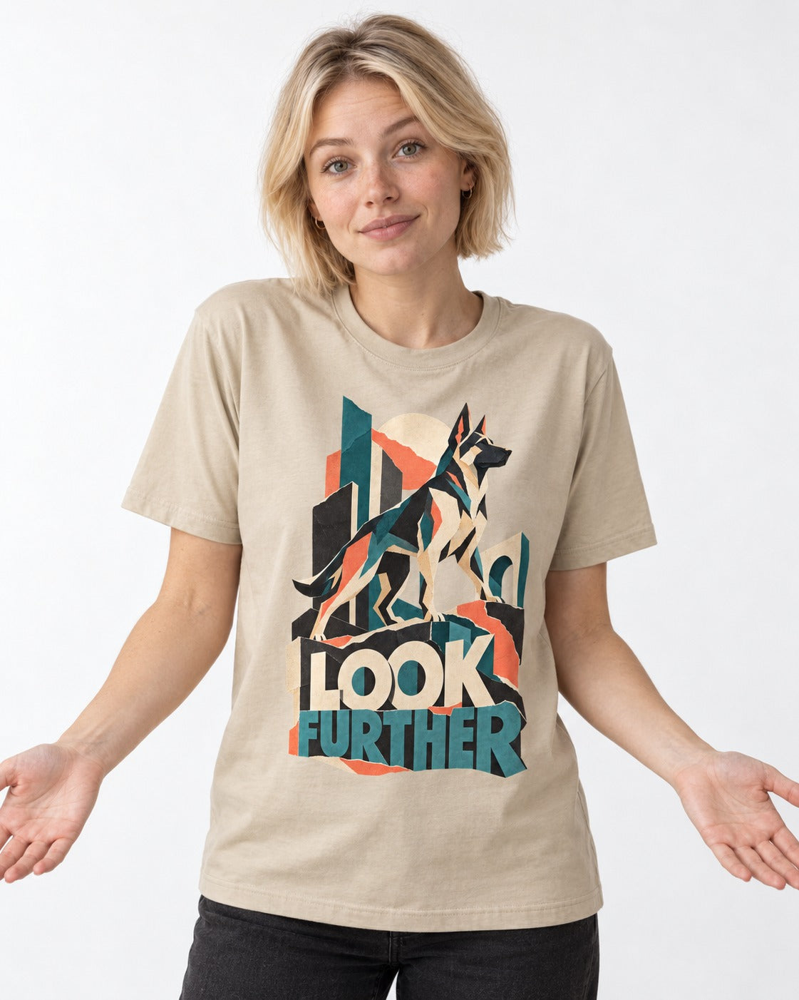Look Further German Shepherd Dog T-Shirt in Sand, worn by a model