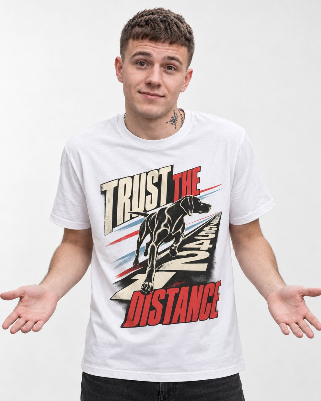 Trust the Distance German Shorthaired Pointer Graphic T-Shirt in White, worn by a model