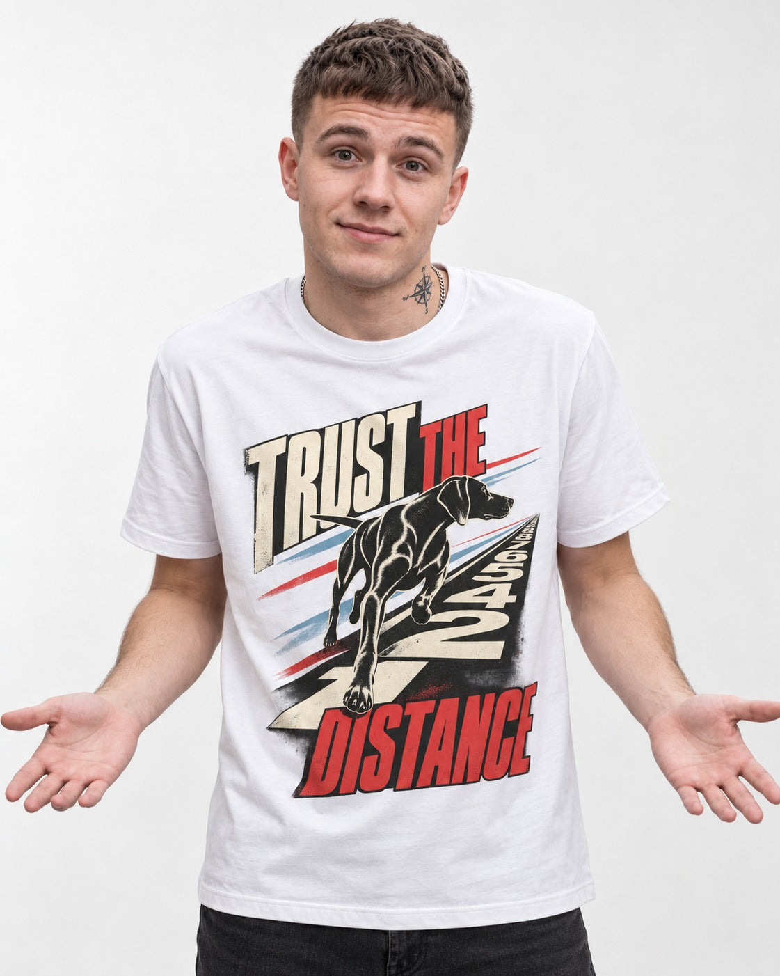 Trust the Distance German Shorthaired Pointer Graphic T-Shirt in White, worn by a model