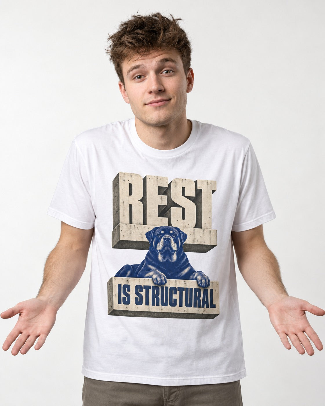 Rottweiler Rest Is Structural Architectural Type Graphic T-Shirt in White, worn by a model