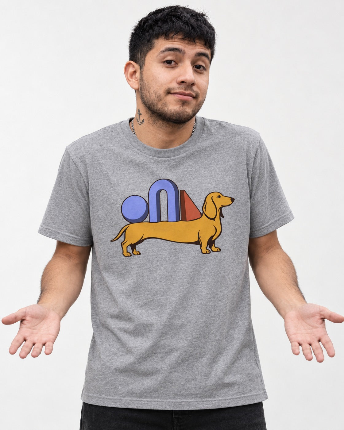 Dachshund Daydream T-Shirt in Sport Grey, worn by a model