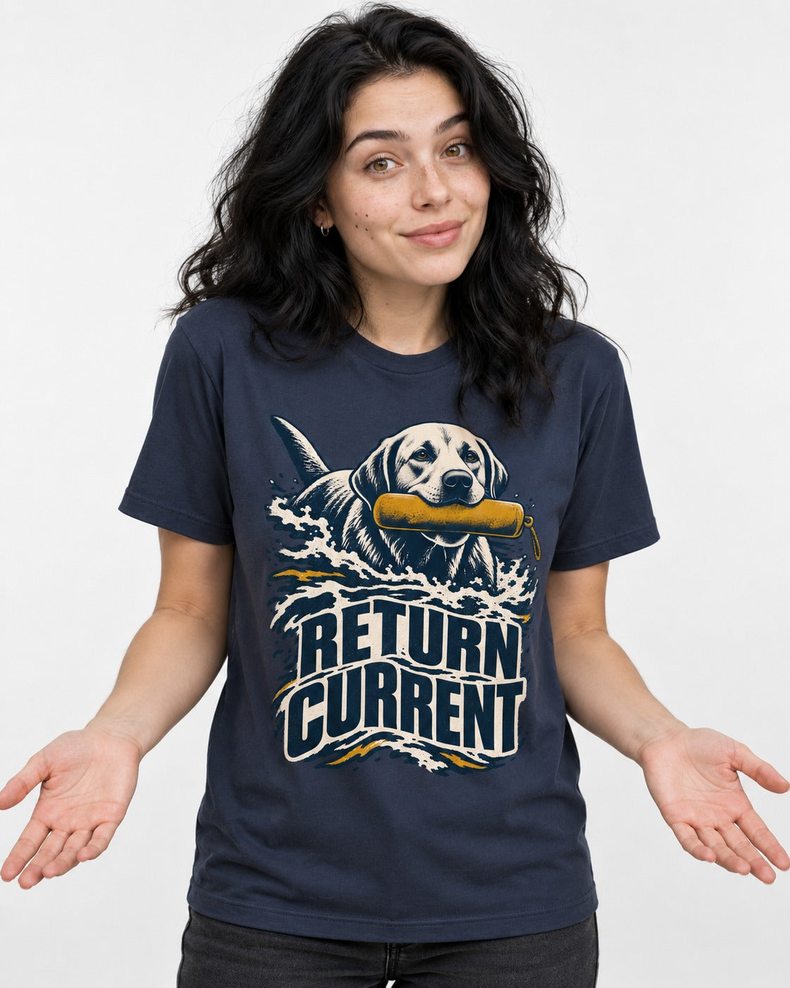 Return Current Water Retrieve Labrador Retriever Graphic T-Shirt in Navy, worn by a model