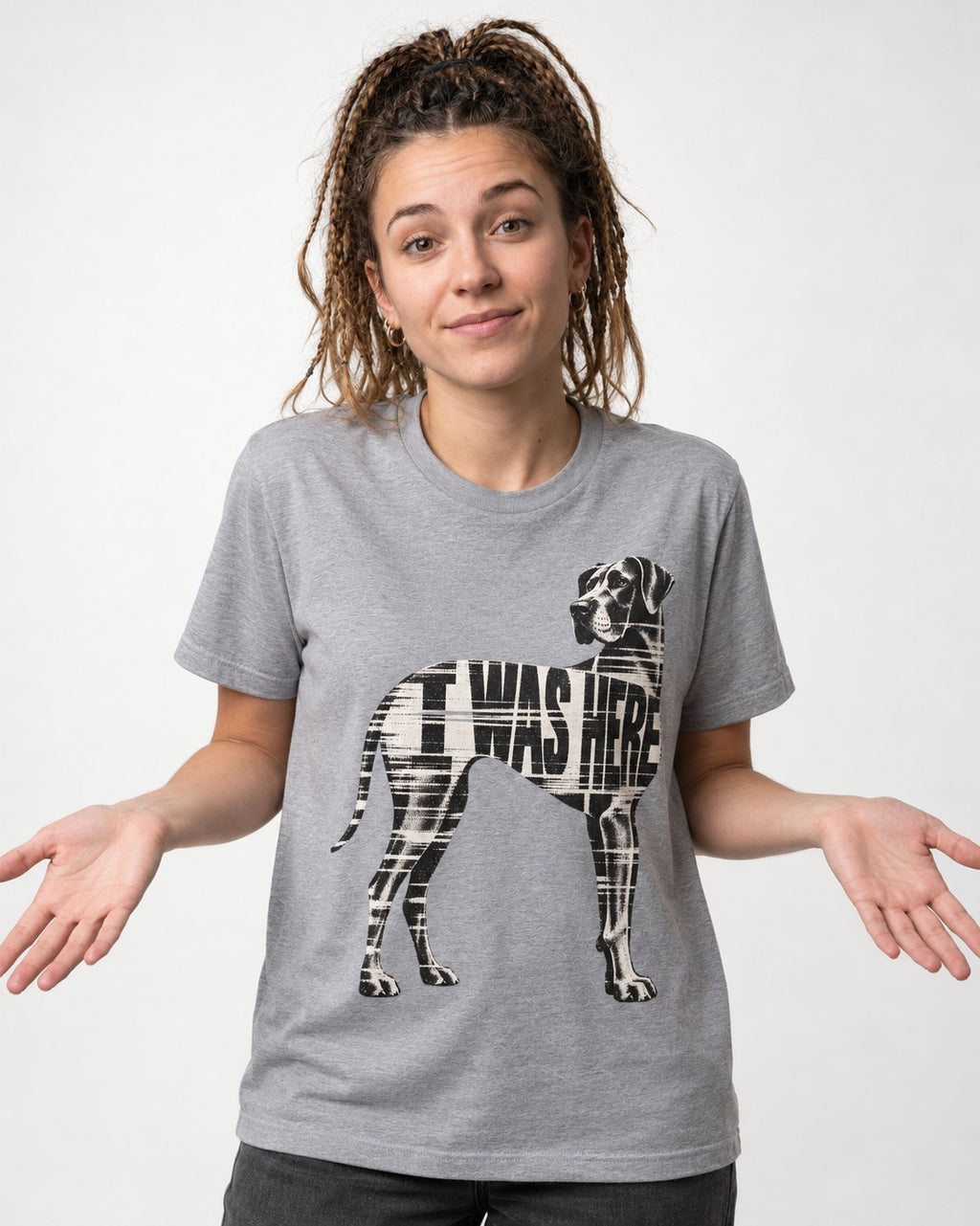 Great Dane I Was Here Plaid Silhouette Graphic T-Shirt in Sport Grey, worn by a model