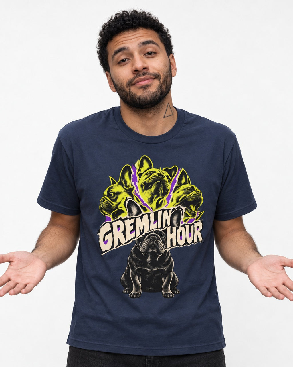 Frenchie Gremlin Hour Multi Portrait Graphic T-Shirt in Navy, worn by a model