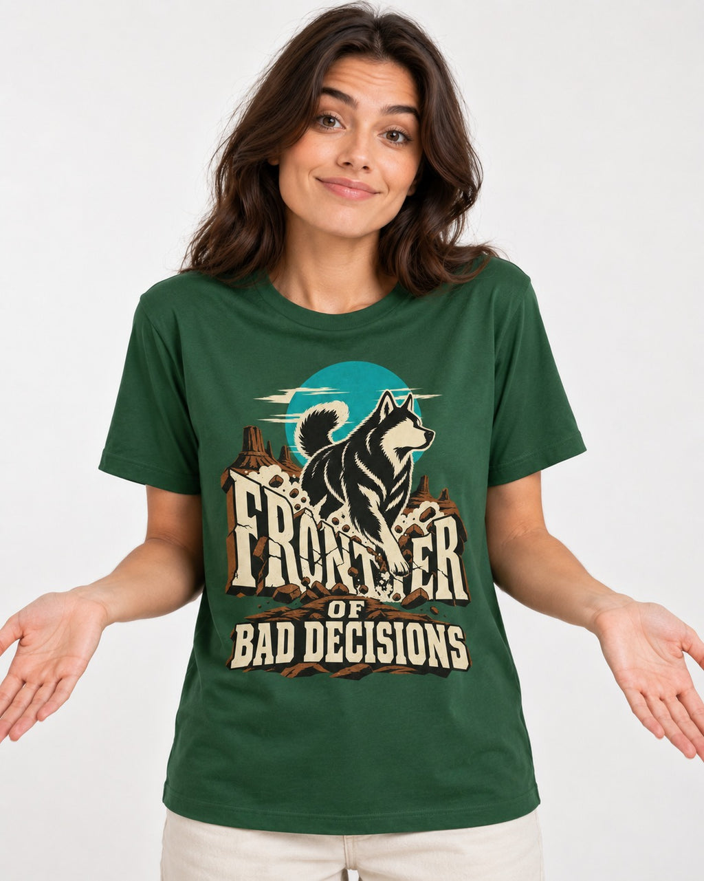 Husky Frontier of Bad Decisions Desert Graphic T-Shirt in Forest Green, worn by a model