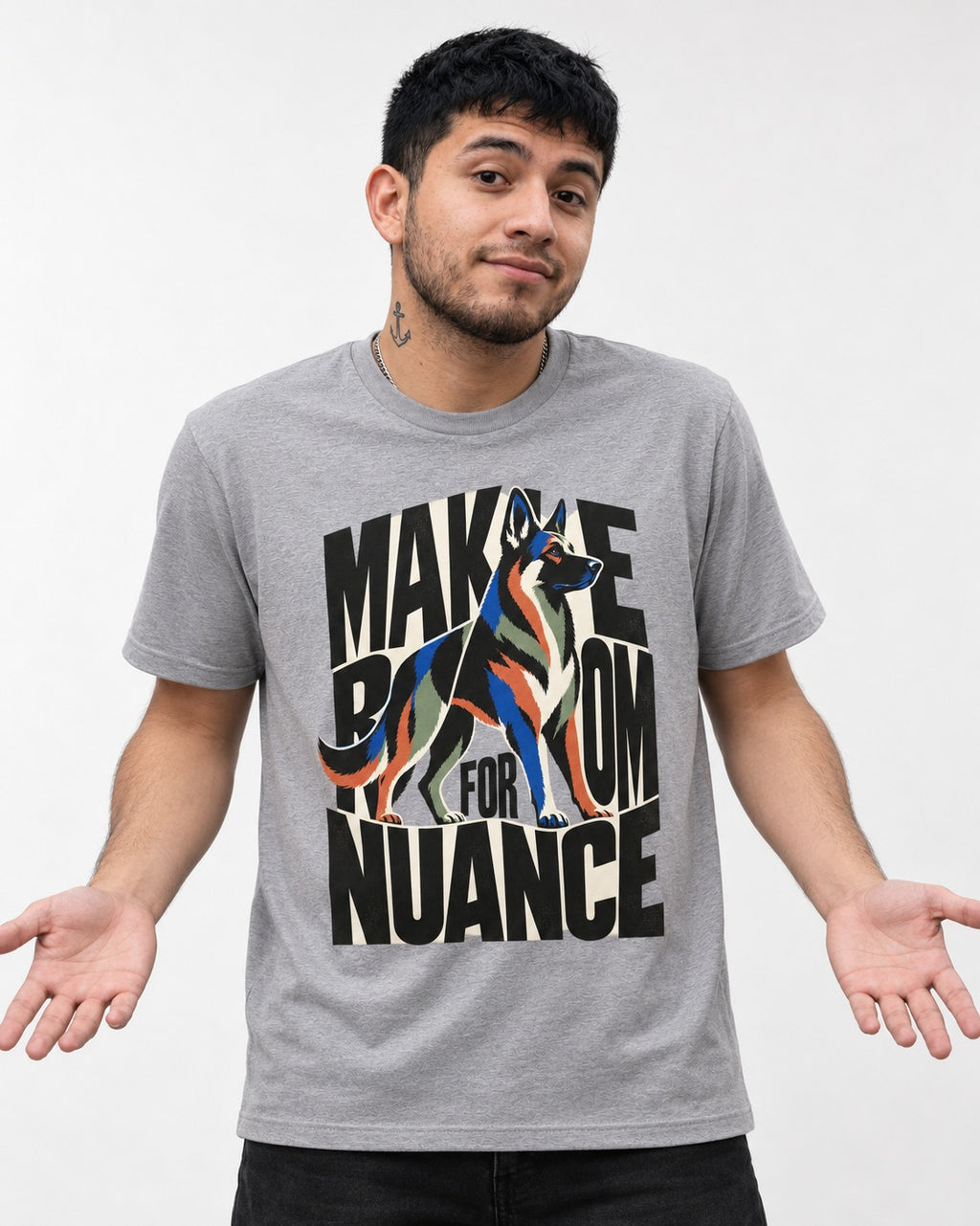 Make Room for Nuance German Shepherd Dog T-Shirt in Sport Grey, worn by a model
