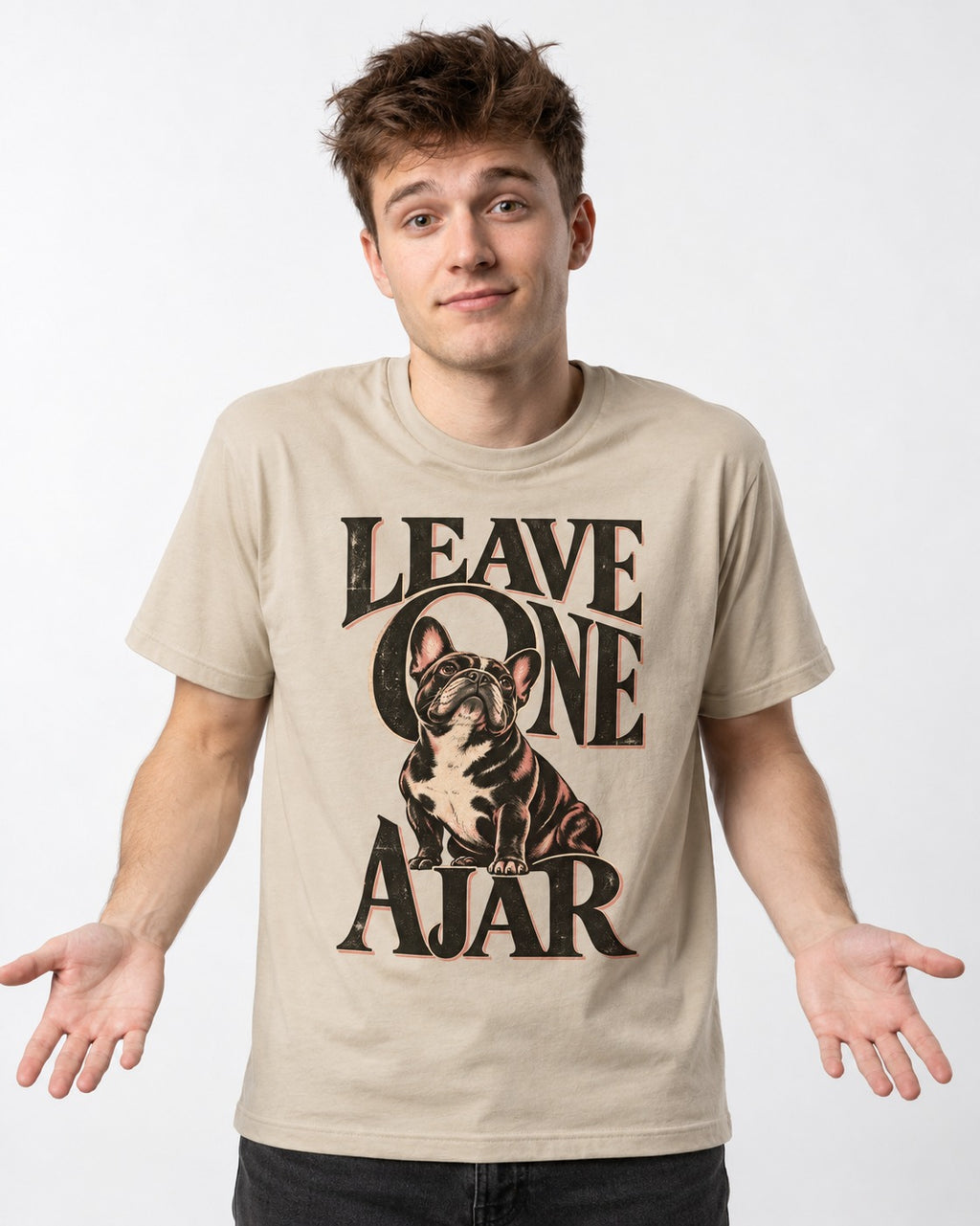 Leave One Ajar for Frenchie T-Shirt in Sand, worn by a model