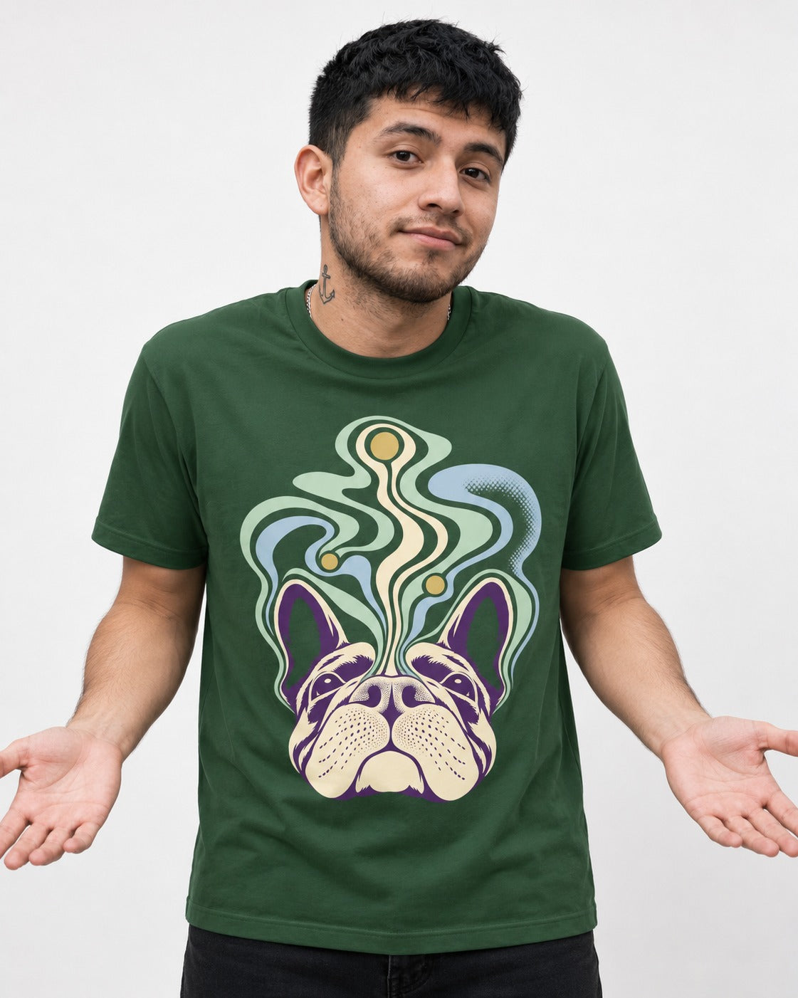 Frenchie Scent Cartography Vapor Route Graphic T-Shirt in Forest Green, worn by a model