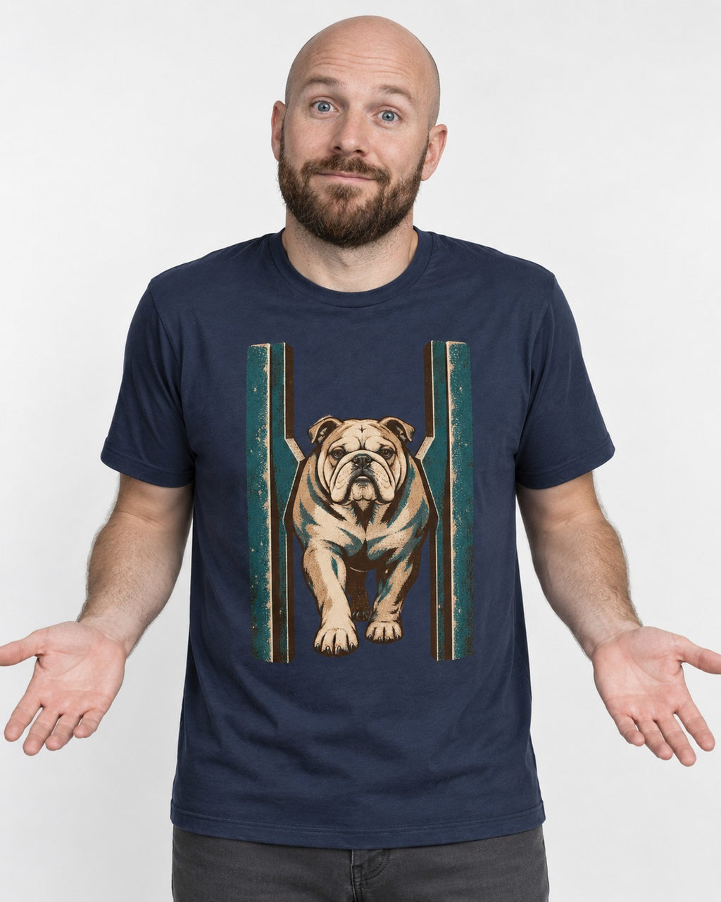 English Bulldog Walking Through Teal Gate Graphic T-Shirt in Navy, worn by a model