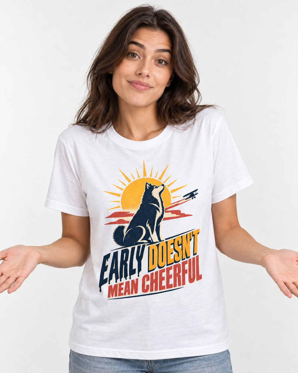 Husky Early Doesnt Mean Cheerful Sunrise Airplane Graphic T-Shirt in White, worn by a model