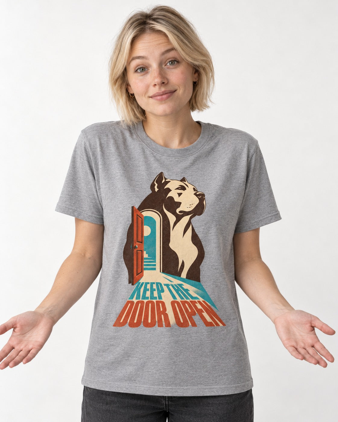 Keep the Door Open Pitbull T-Shirt in Sport Grey, worn by a model
