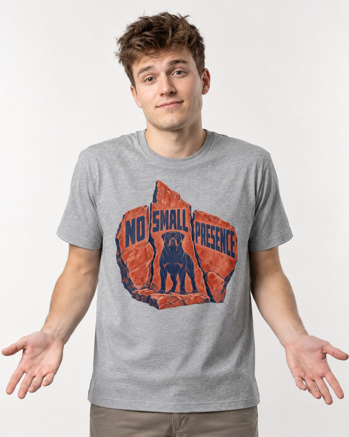 Rottweiler No Small Presence Monument Rock Graphic T-Shirt in Sport Grey, worn by a model