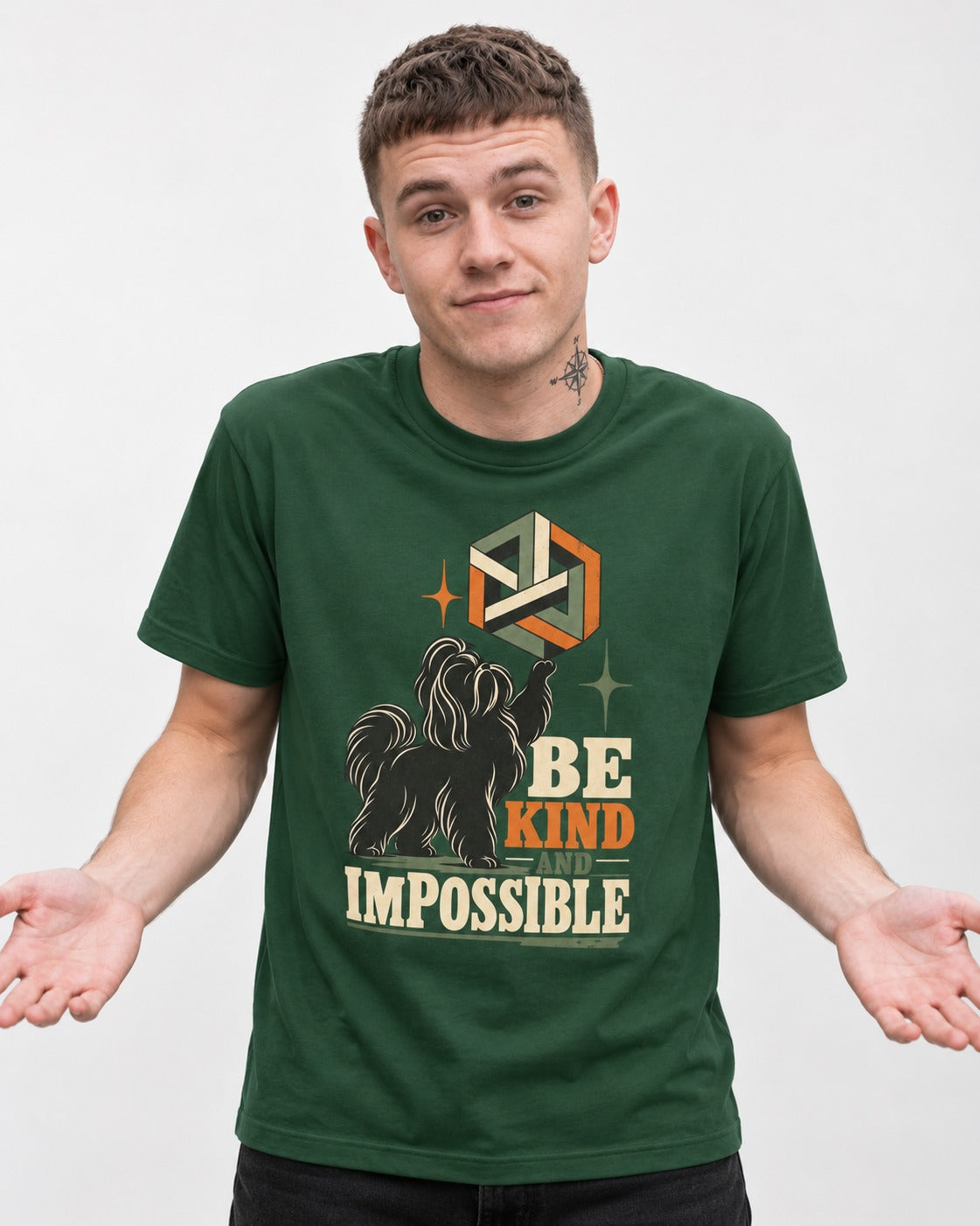 Shih Tzu Be Kind and Impossible Geometric Cube Graphic T-Shirt in Forest Green, worn by a model