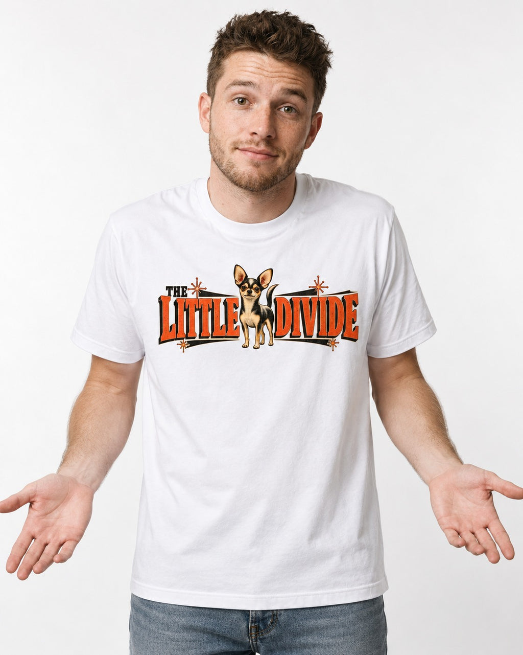 Chihuahua The Little Divide Retro Sign Graphic T-Shirt in White, worn by a model