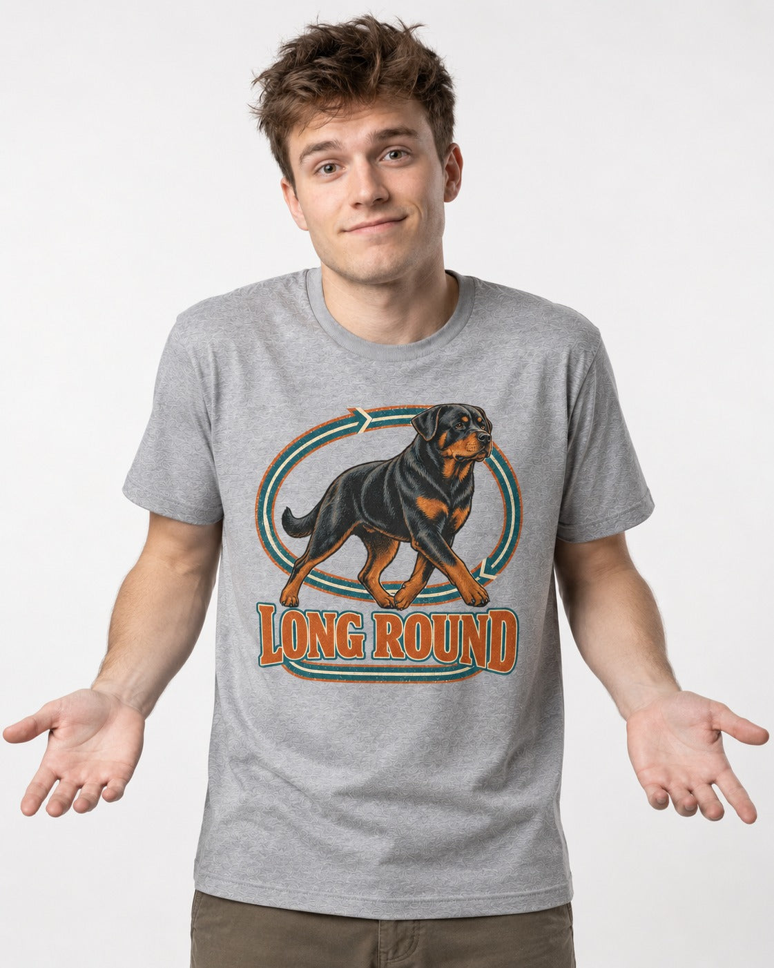 Rottweiler Long Round Circular Track Graphic T-Shirt in Sport Grey, worn by a model