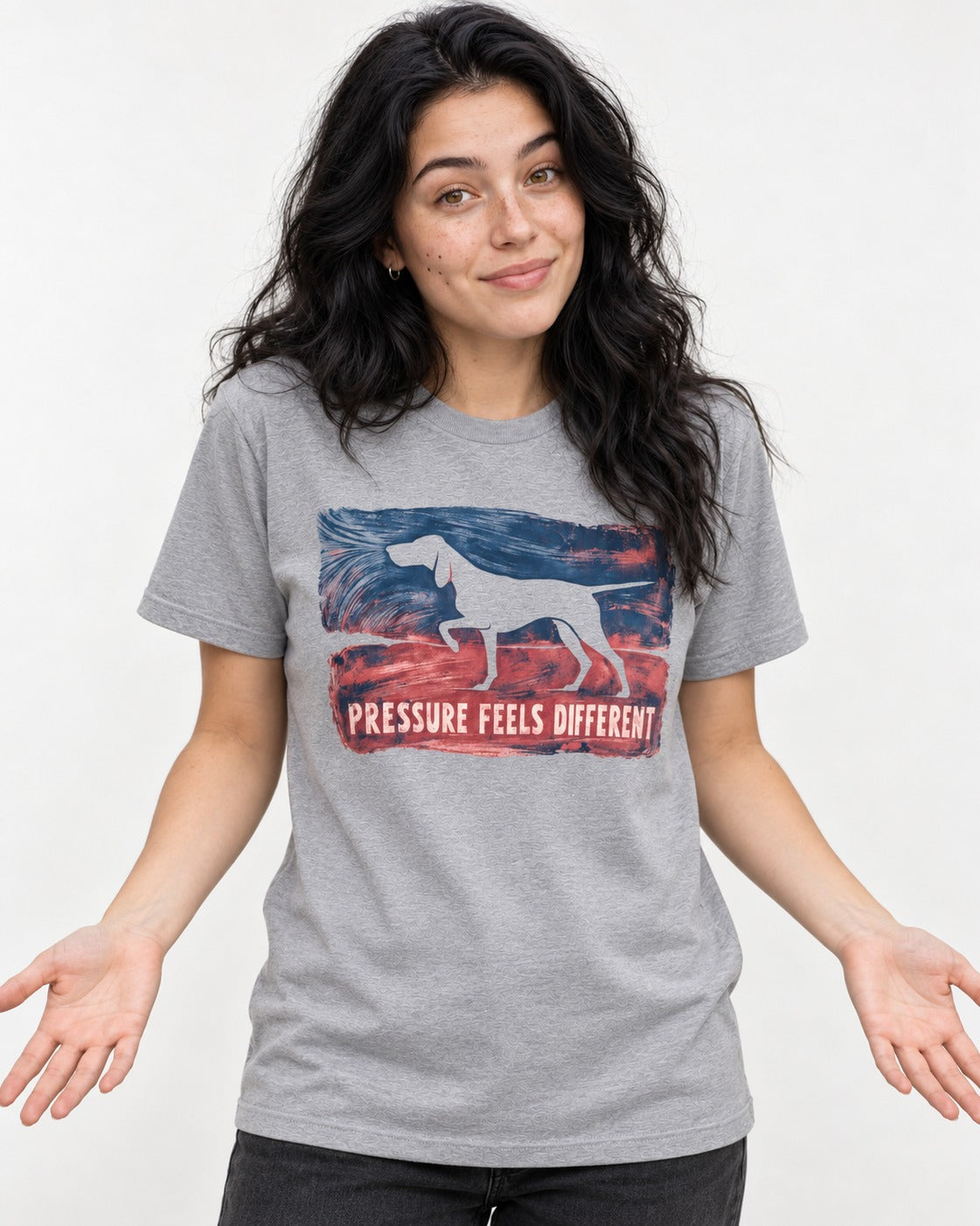 German Shorthaired Pointer Pressure Feels Different Monotype Graphic T-Shirt in Sport Grey, worn by a model