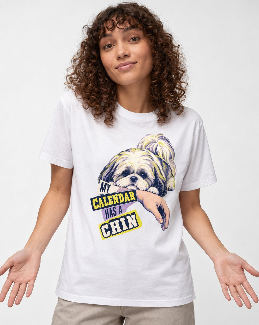 Shih Tzu My Calendar Has a Chin Arm Rest Graphic T-Shirt in White, worn by a model
