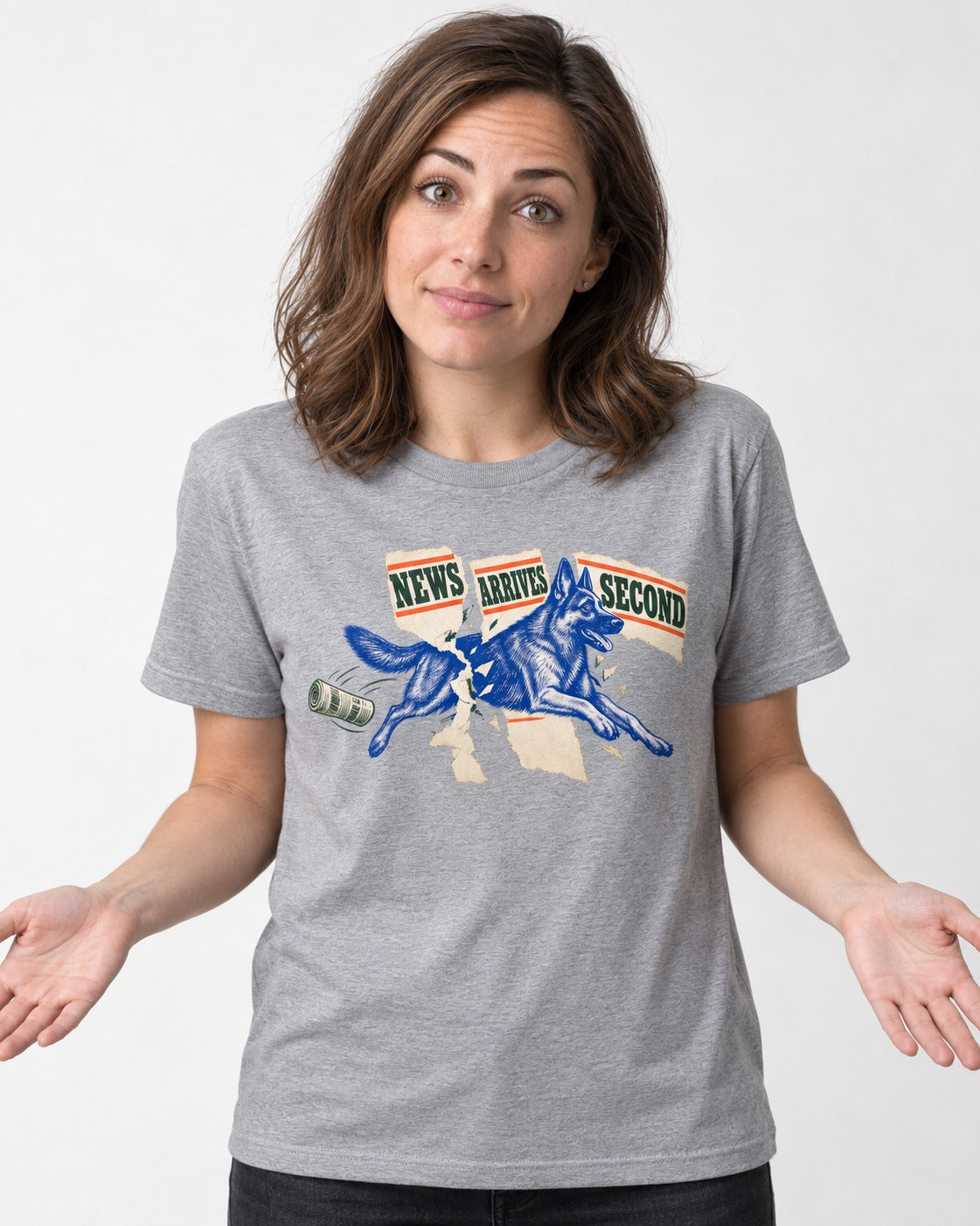 News Arrives Second German Shepherd Dog T-Shirt in Sport Grey, worn by a model
