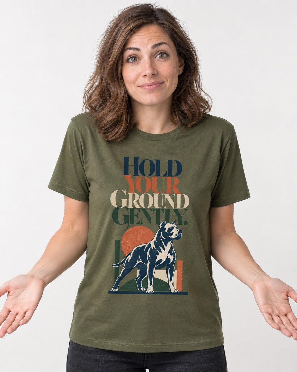Pitbull Hold Your Ground Gently Standing Dog Graphic T-Shirt in Heather Military Green, worn by a model