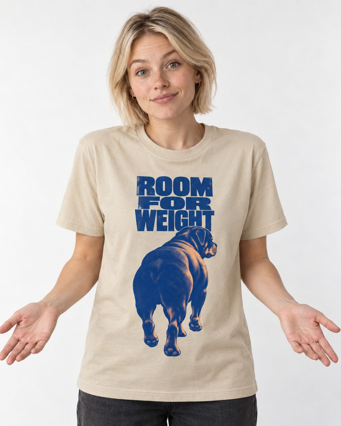 Room for Weight Rottweiler T-Shirt in Sand, worn by a model
