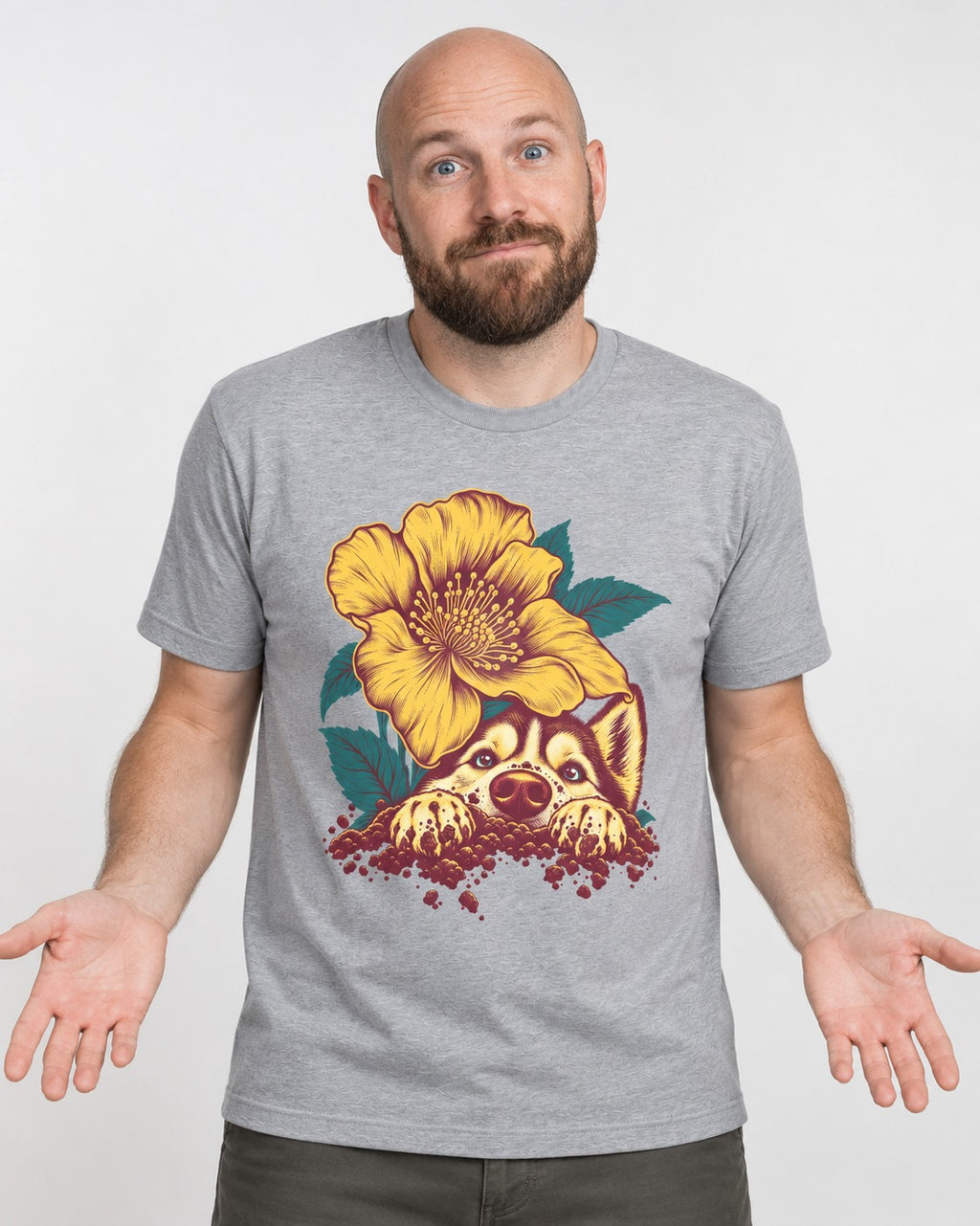 Husky Flower Witness Peeking Floral Graphic T-Shirt in Sport Grey, worn by a model