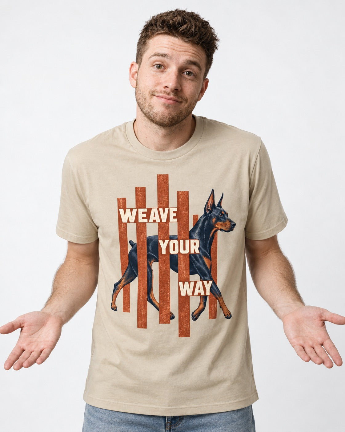 Weave Your Way Doberman T-Shirt in Sand, worn by a model