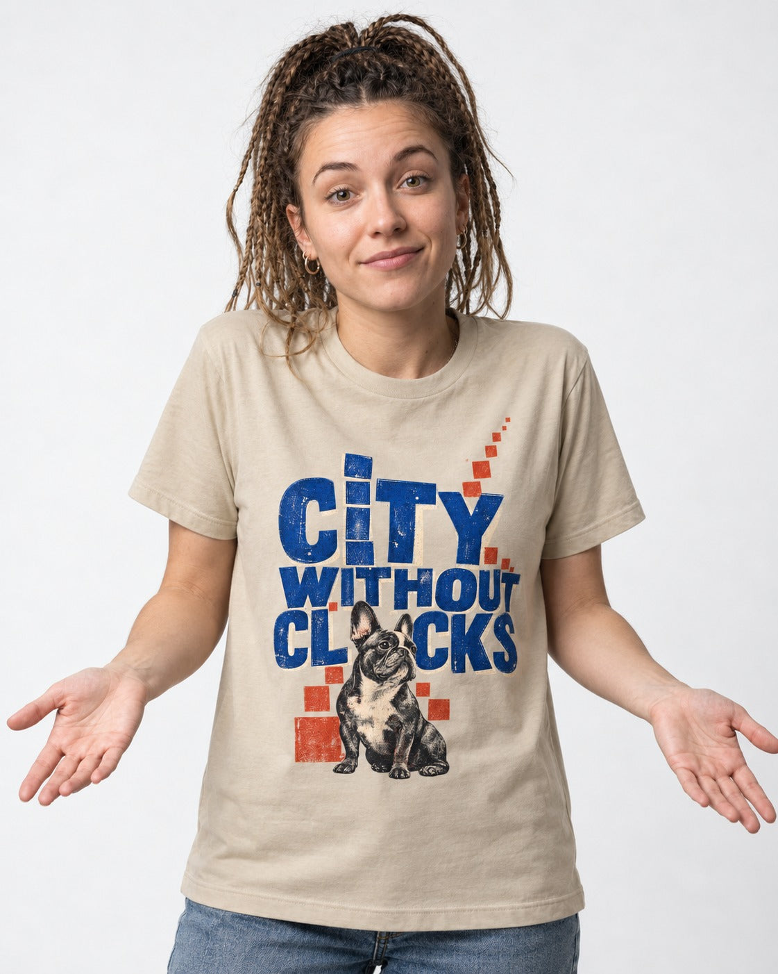 Frenchie's City Without Clocks T-Shirt in Sand, worn by a model