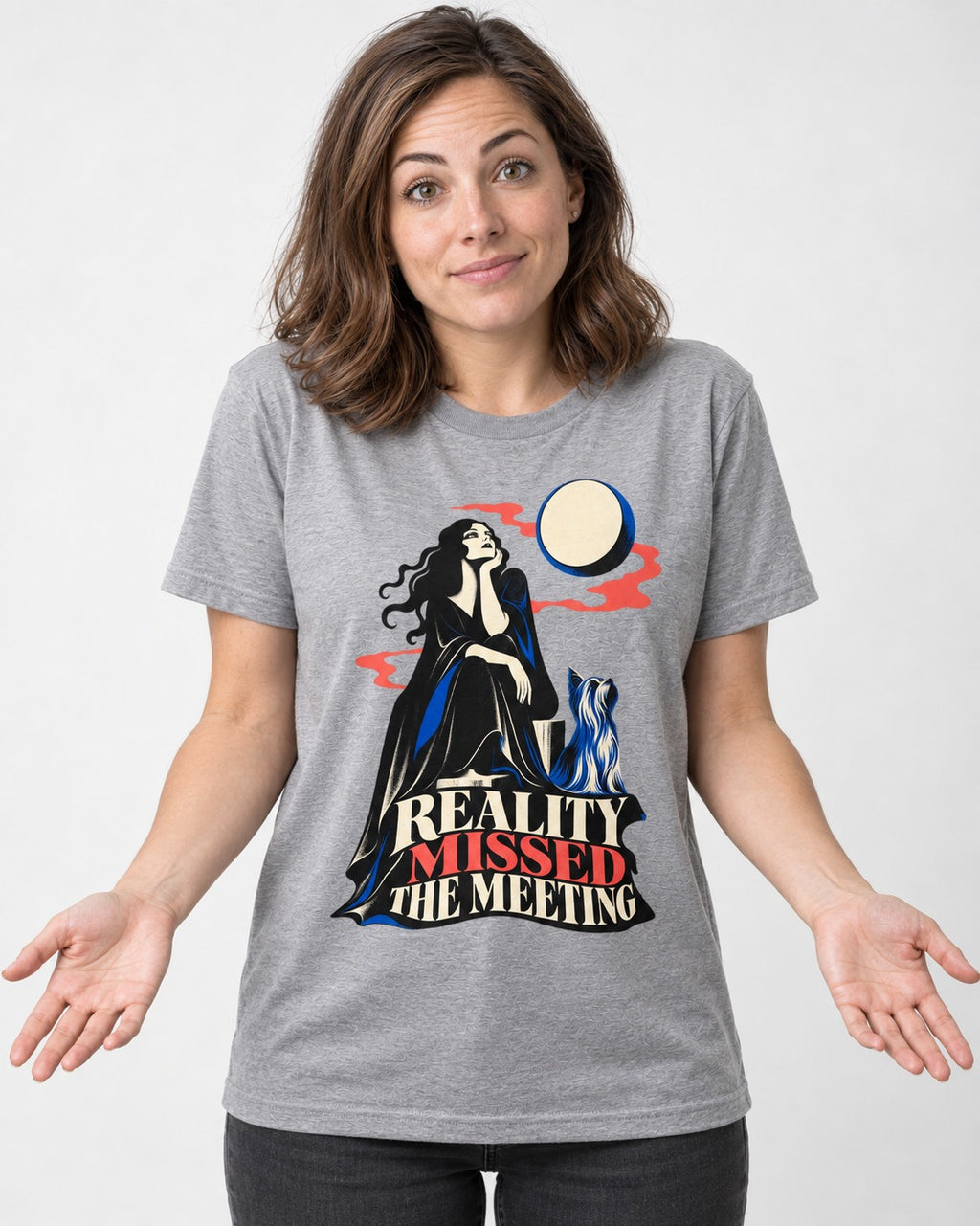 Yorkshire Terrier Reality Missed the Meeting T-Shirt in Sport Grey, worn by a model
