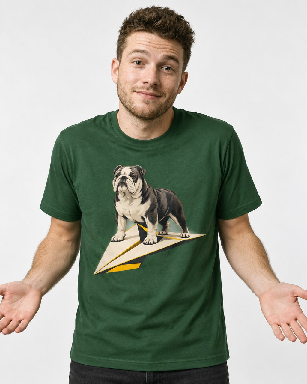English Bulldog Paper Airplane Graphic T-Shirt in Forest Green, worn by a model