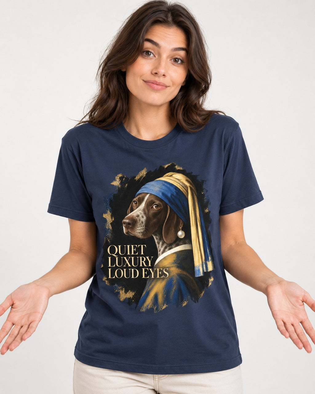 German Shorthaired Pointer Quiet Luxury Loud Eyes Pearl Earring Portrait Graphic T-Shirt in Navy, worn by a model