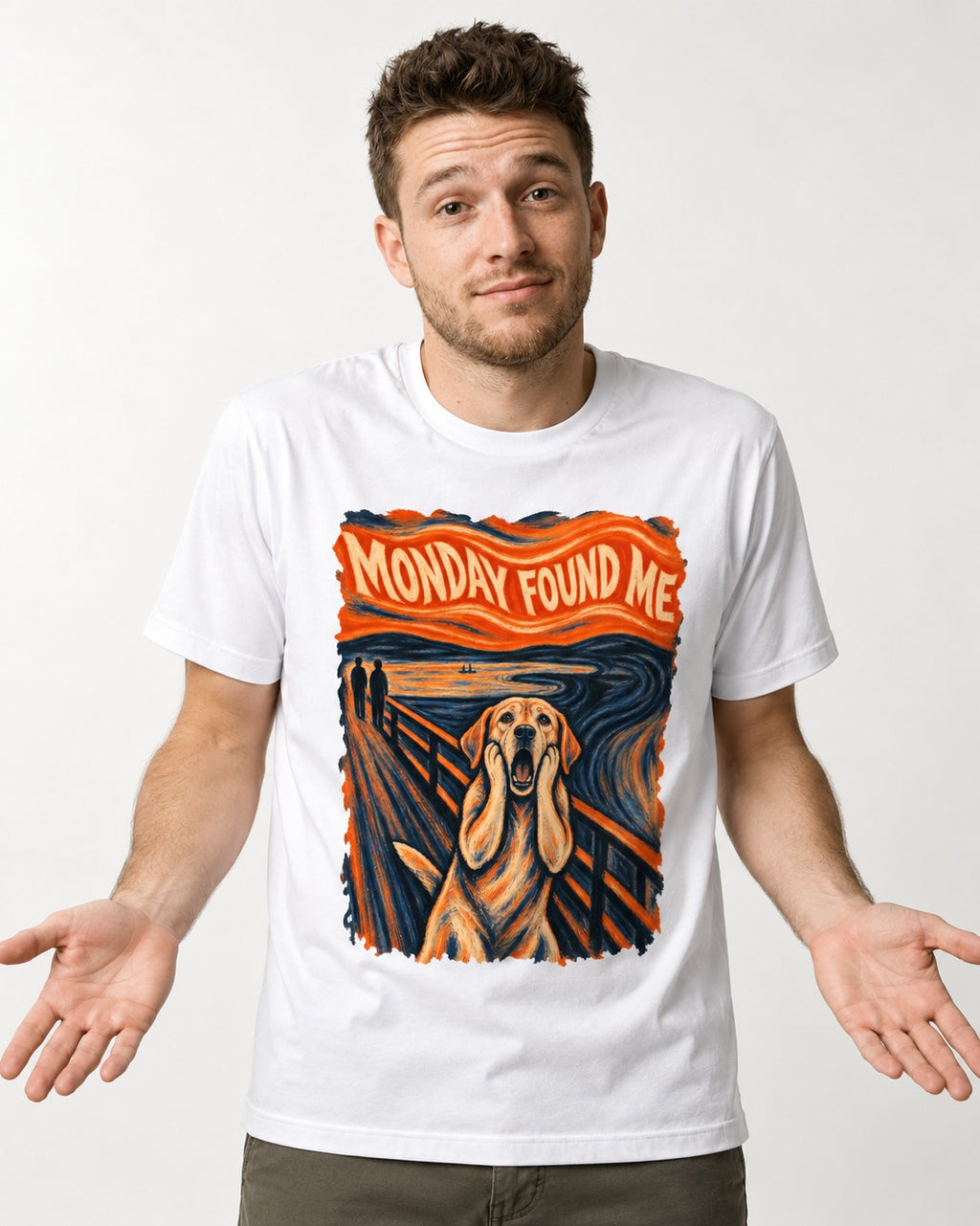 Labrador Retriever Monday Found Me Scream Parody Graphic T-Shirt in White, worn by a model
