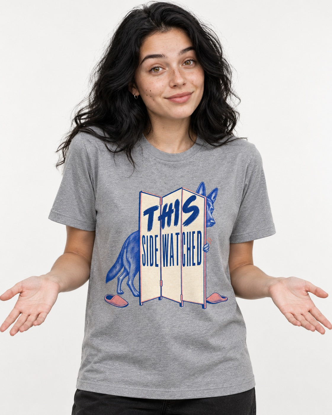 This Side Watched by German Shepherd Dog T-Shirt in Sport Grey, worn by a model