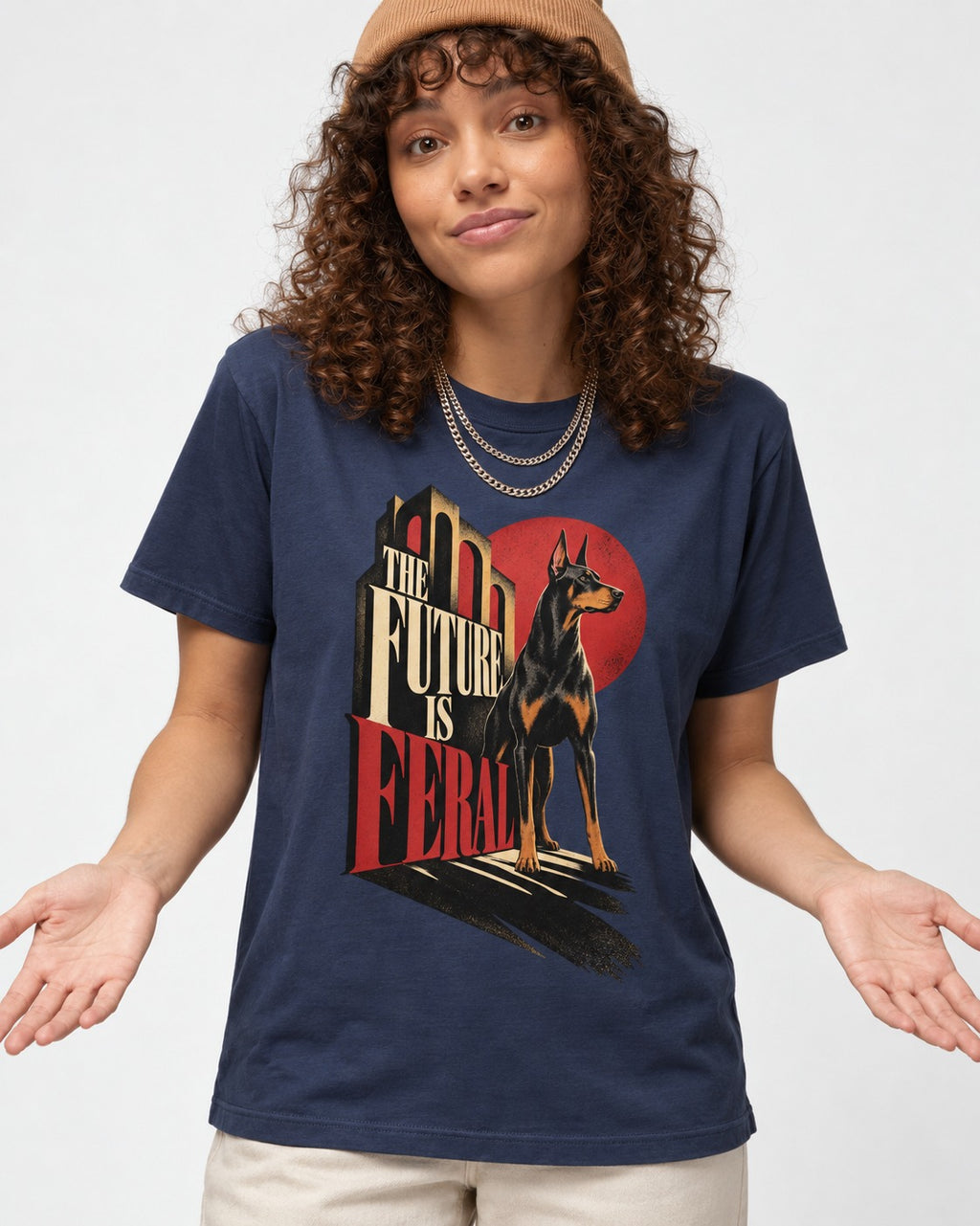 Doberman The Future Is Feral Art Deco Graphic T-Shirt in Navy, worn by a model