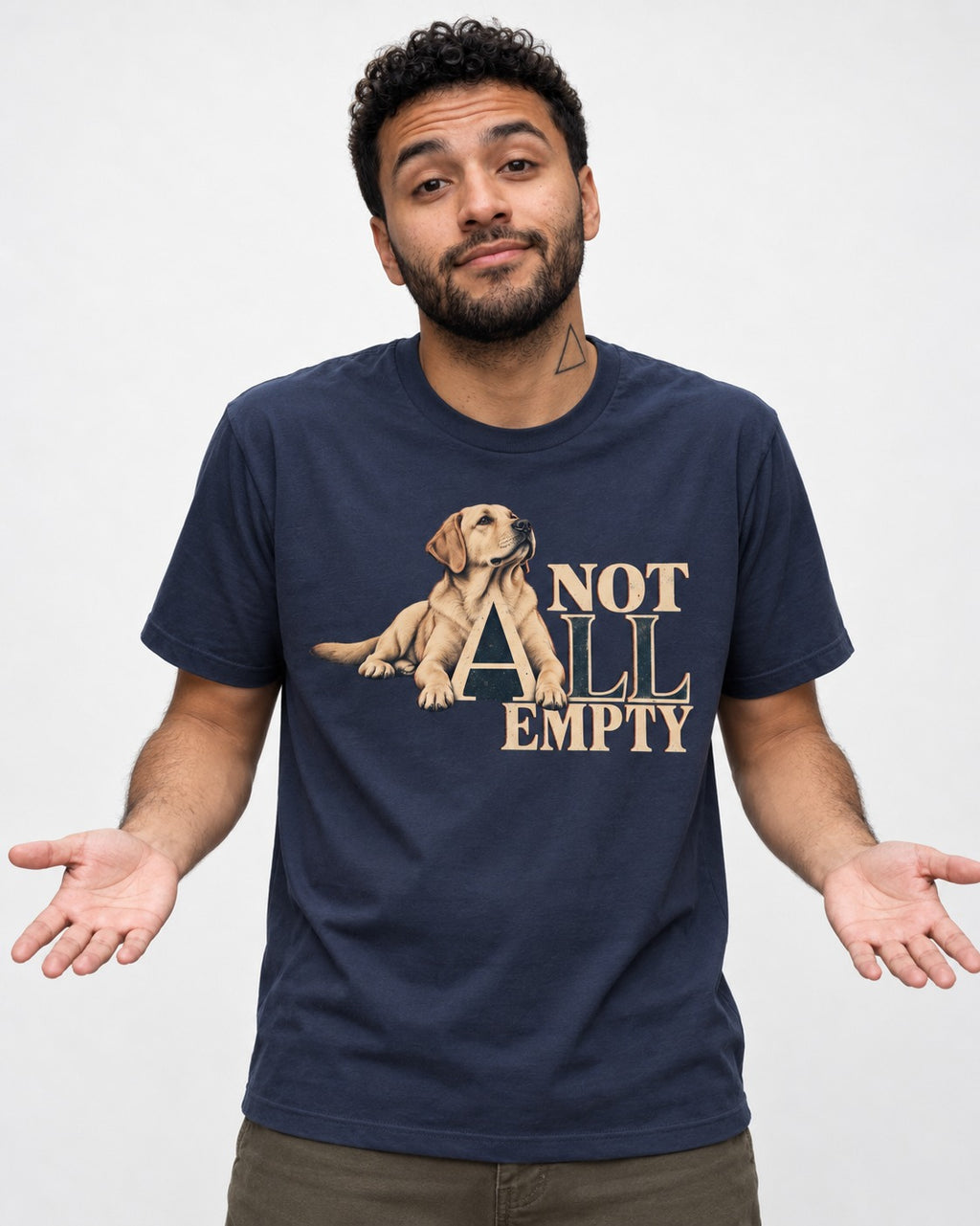 Labrador Retriever Not All Empty Lounging Typography Graphic T-Shirt in Navy, worn by a model