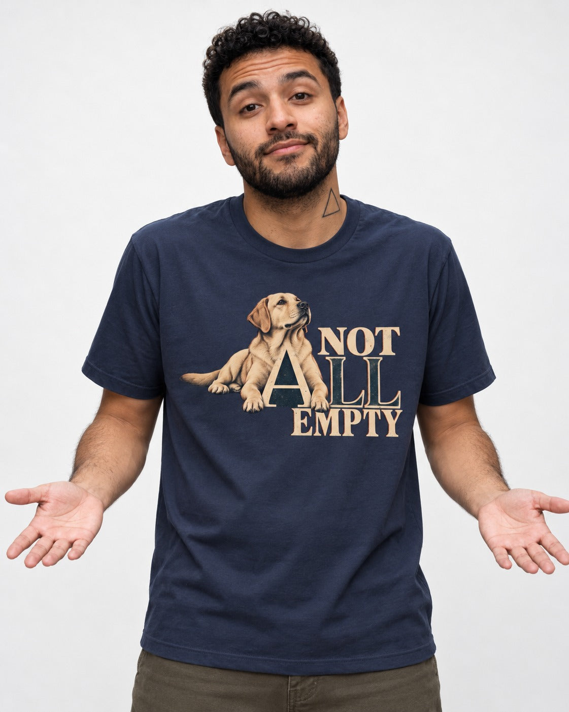 Labrador Retriever Not All Empty Lounging Typography Graphic T-Shirt in Navy, worn by a model