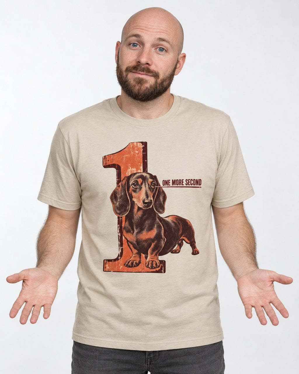 One More Second Dachshund T-Shirt in Sand, worn by a model