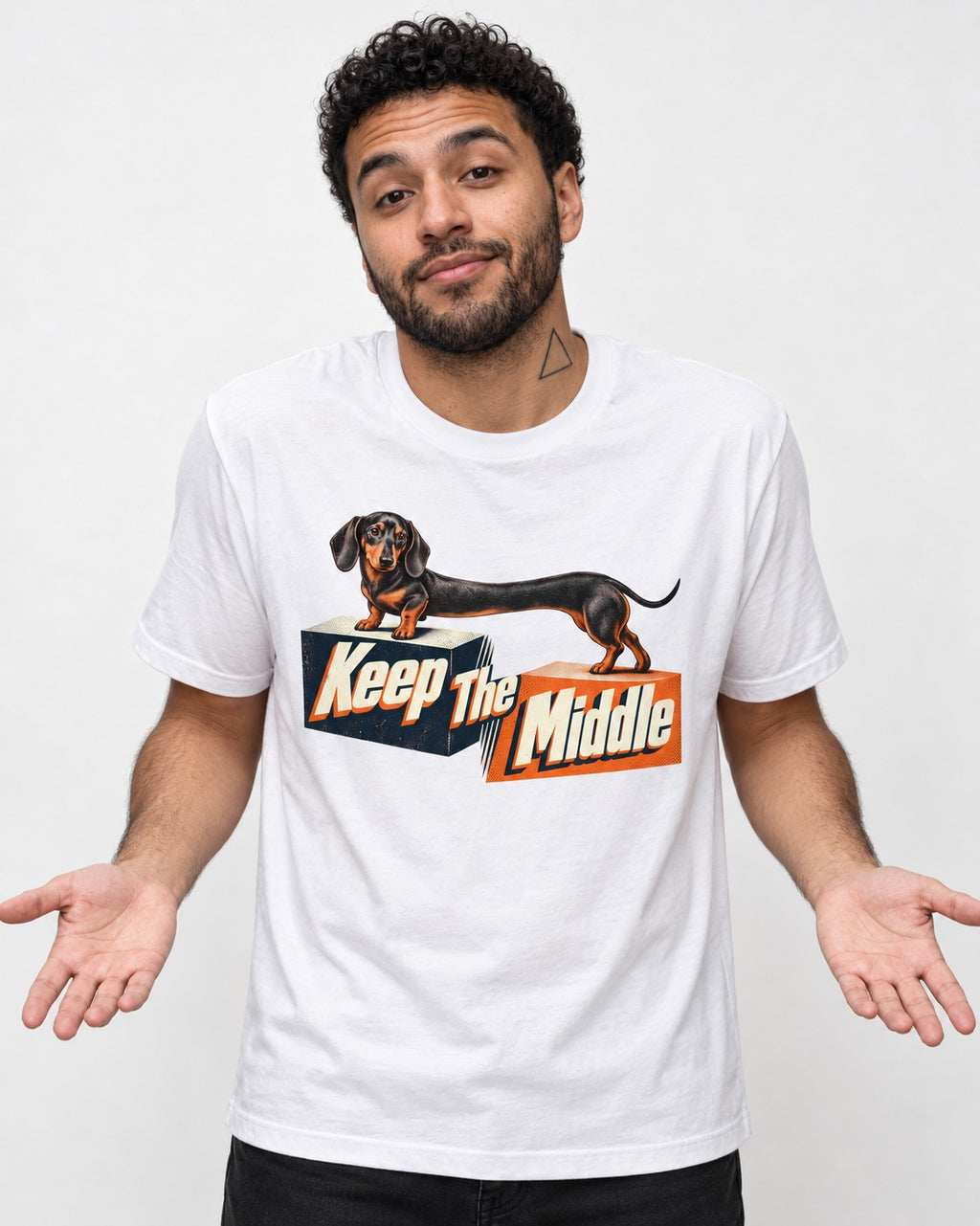 Dachshund Keep The Middle Block Bridge Graphic T-Shirt in White, worn by a model