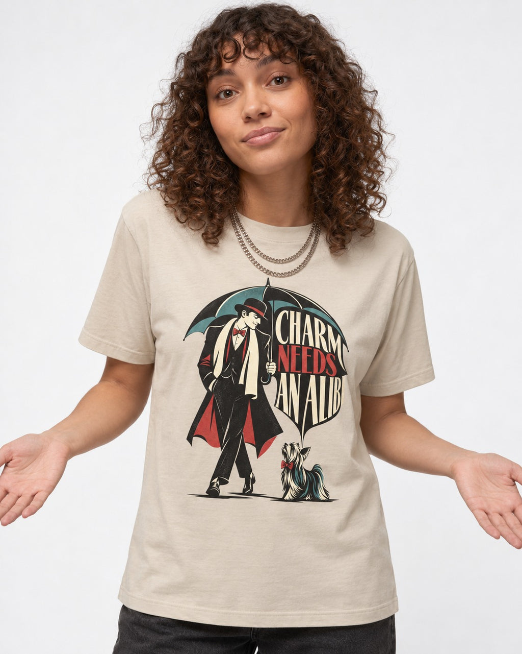 Charm Needs an Alibi Yorkshire Terrier T-Shirt in Sand, worn by a model