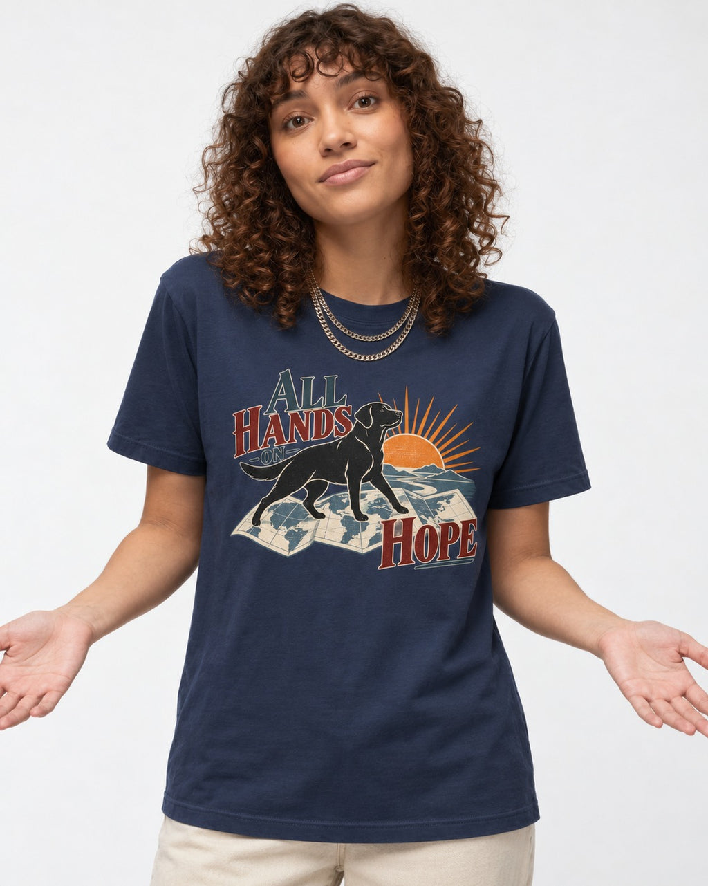 Labrador Retriever All Hands on Hope Map Sunrise Graphic T-Shirt in Navy, worn by a model