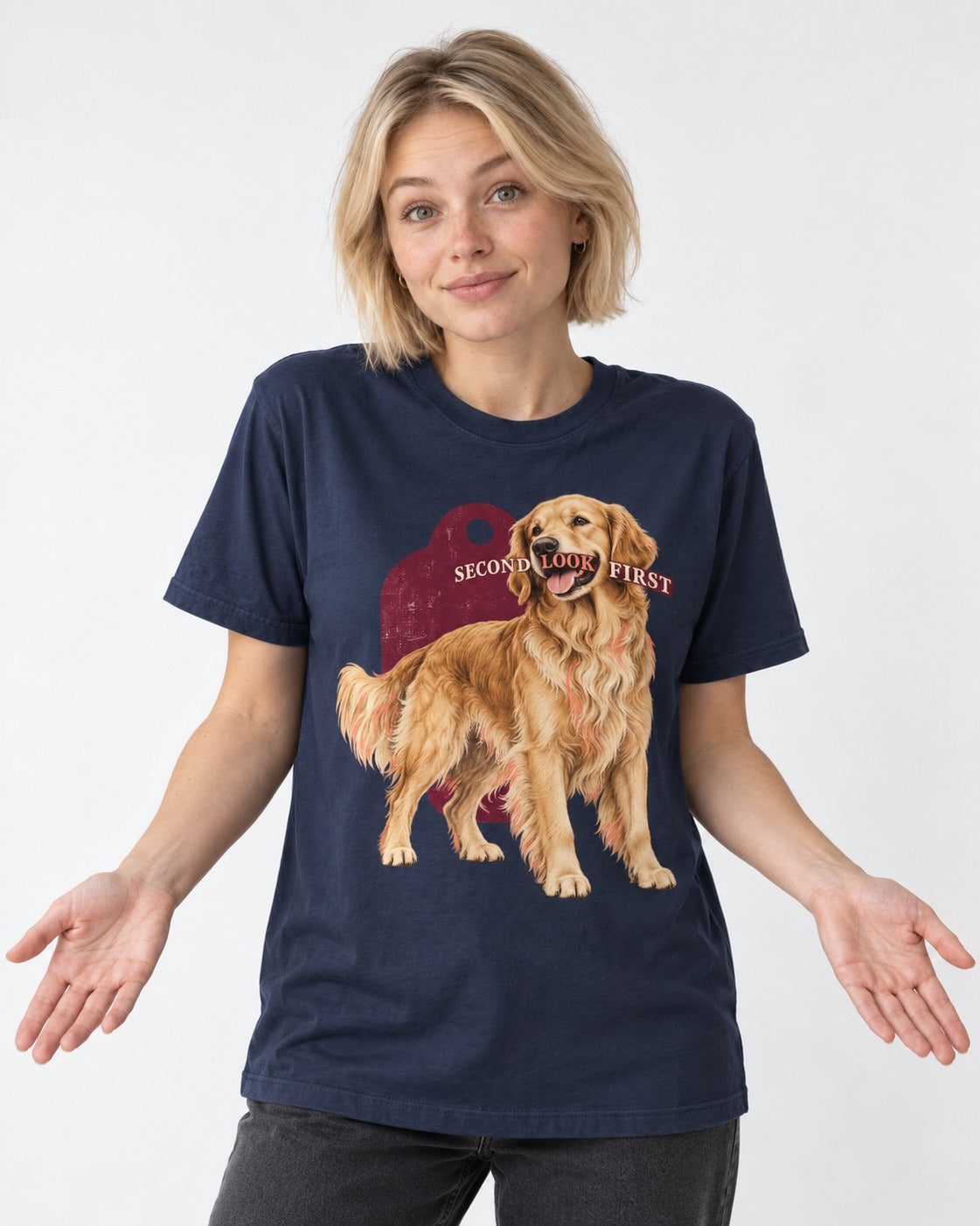 Golden Retriever Second Look First Tag Portrait Graphic T-Shirt in Navy, worn by a model