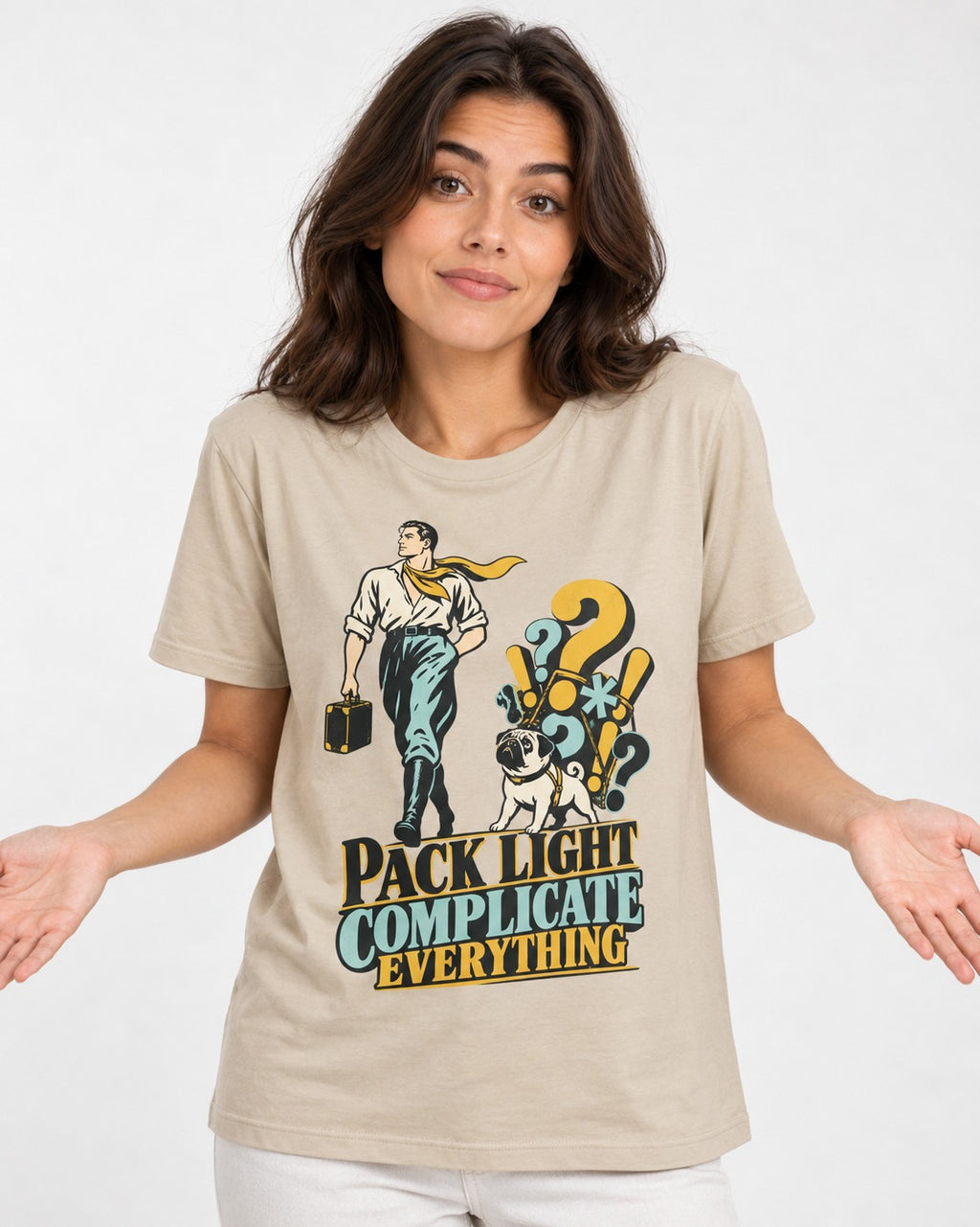 Pug Pack Light Complicate Everything T-Shirt in Sand, worn by a model