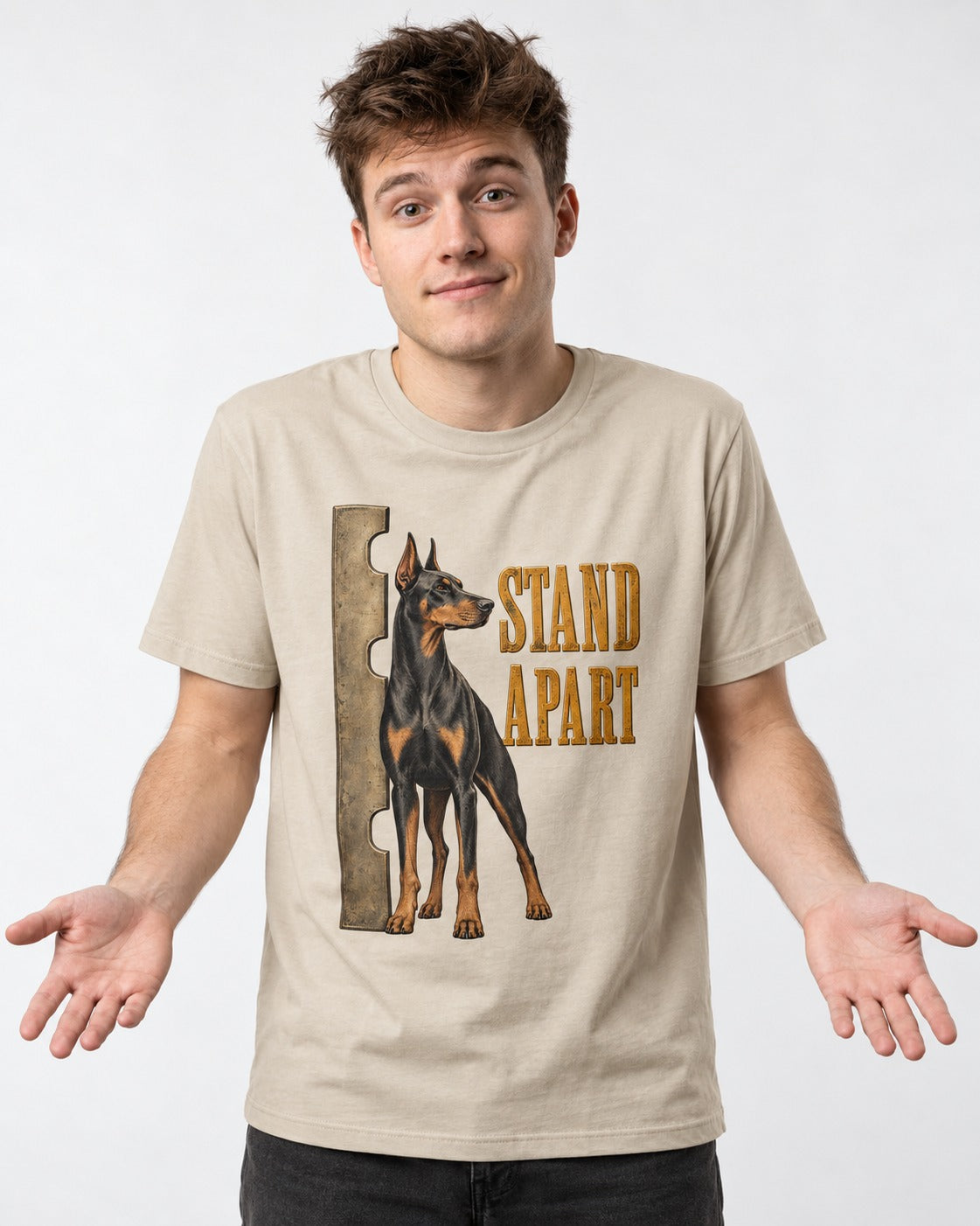 Doberman Stand Apart T-Shirt in Sand, worn by a model