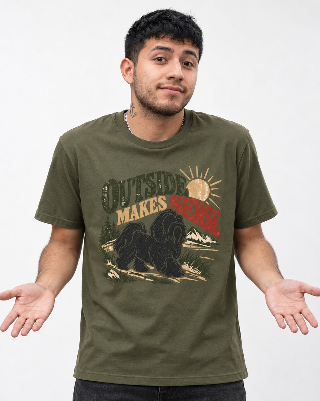 Shih Tzu Outside Makes Sense Mountain Trail Graphic T-Shirt in Heather Military Green, worn by a model