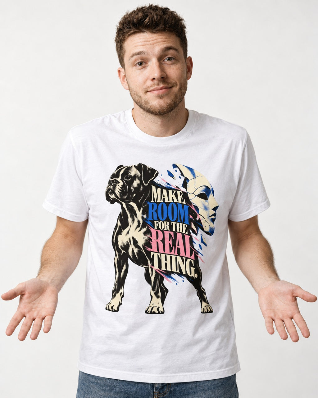 Make Room for the Real Thing Boxer Broken Mask Graphic T-Shirt in White, worn by a model