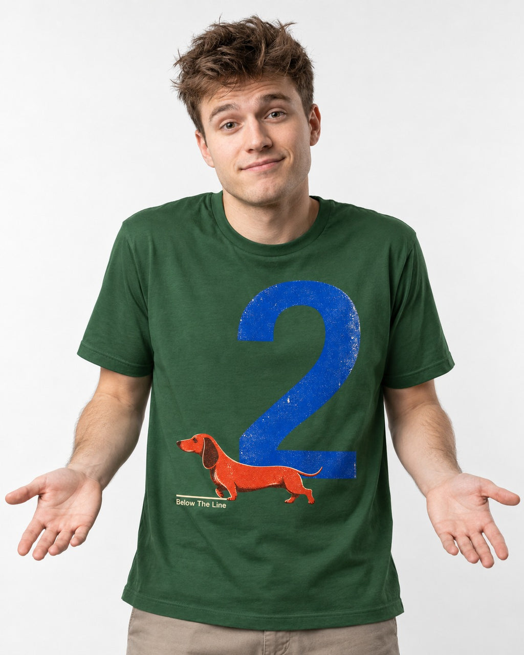 Dachshund Below The Line Number Two Graphic T-Shirt in Forest Green, worn by a model