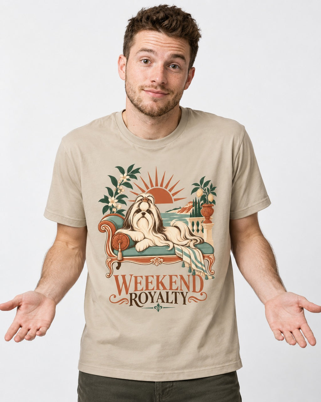 Shih Tzu Weekend Royalty T-Shirt in Sand, worn by a model