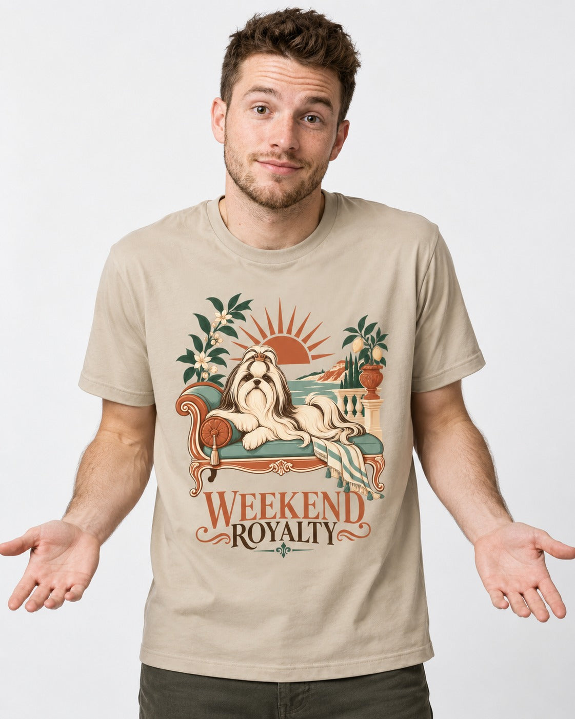 Shih Tzu Weekend Royalty T-Shirt in Sand, worn by a model